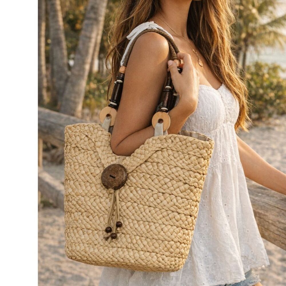 Sun N Sand Straw Tote Bag Woven Beach Purse Wood Handle Boho Coastal Large
